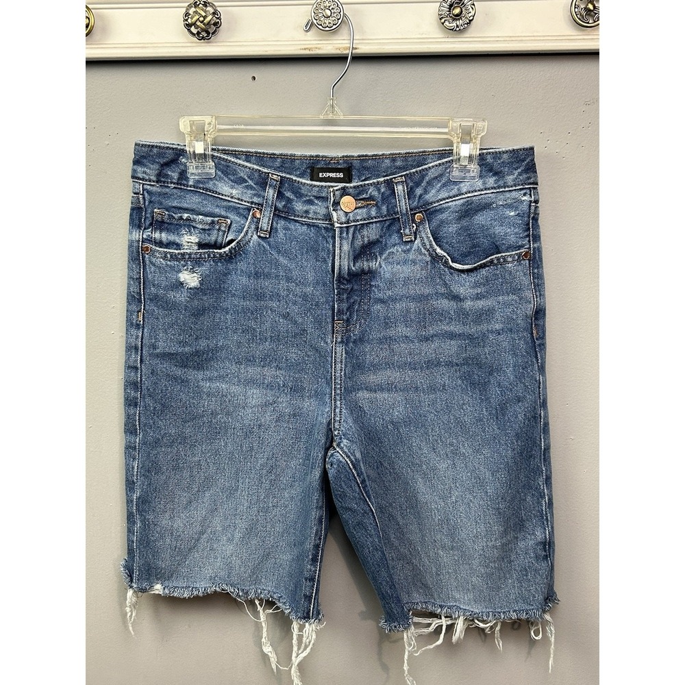 Express Denim Shorts Womens 4L Blue 90s Ankle Boot Mid Rise Distressed Raw Hem